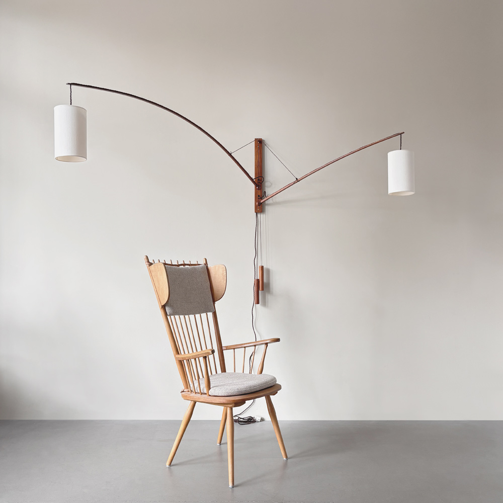 Mid-century Lampe, Lampenschirm aus Leine